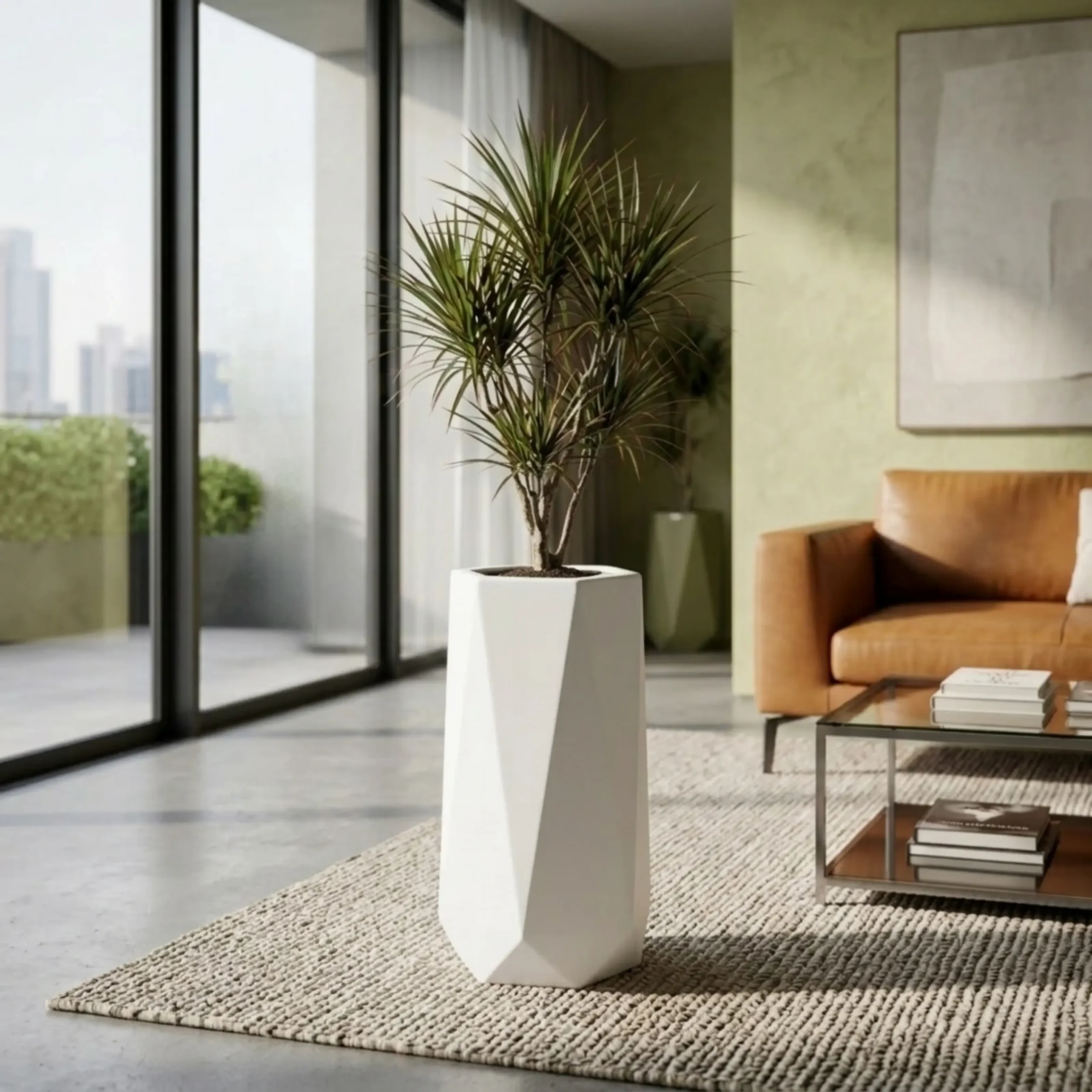 Pylon Tall Planter | Elgiem Pylon Tall floor planter in Eternal Gold — luxury hotel lobby — Elgiem